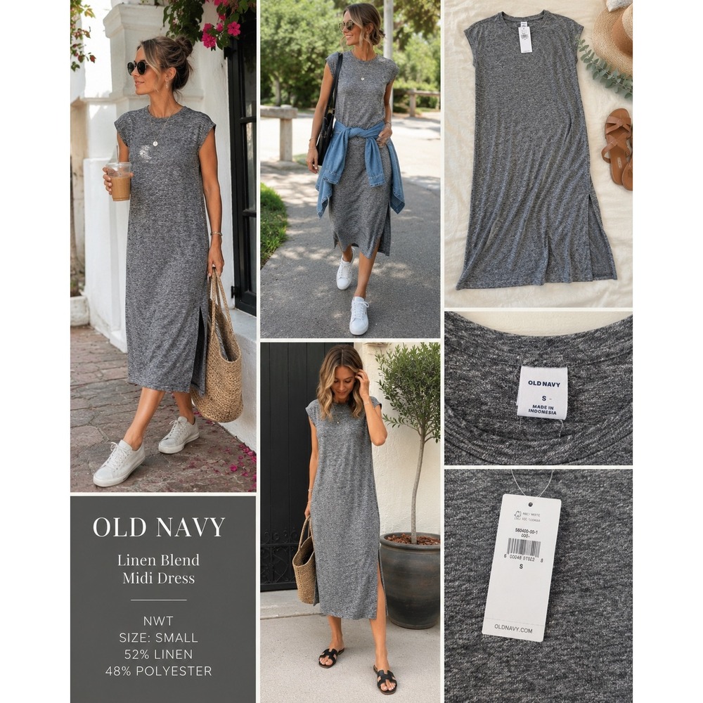 Old Navy NWT Linen Blend Maxi Dress S Gray Minimalist Column Coastal